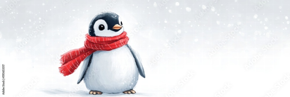 Aufkleber playful penguin with a red scarf in a snowy winter landscape enjoying the chilly weather and festive