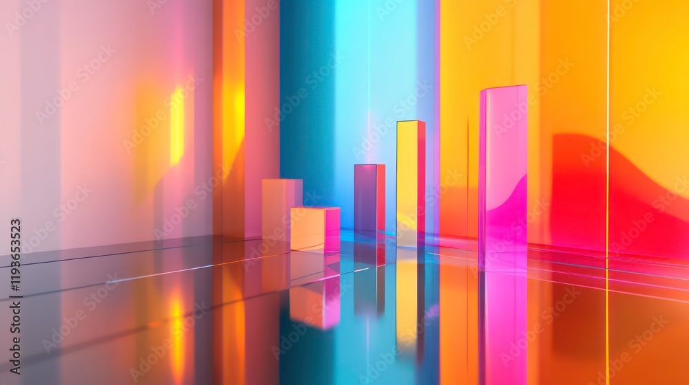 Wall mural 3d graphs on a sleek reflective surface in a modern setting. this futuristic and vibrant visual conc