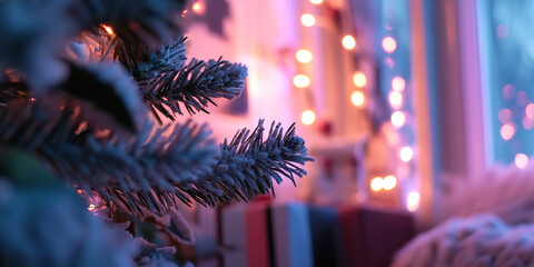 Snow-Covered Artificial Pine Branch with Blurred Christmas Background