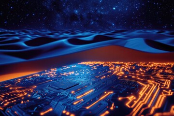 Glowing circuit board beneath a starry, wavy blue expanse, representing digital landscape merging with cosmos.