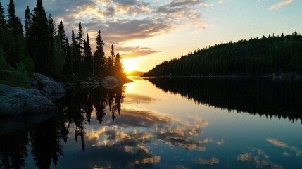 Fototapeta premium A beautiful sunset over a lake with trees in the background