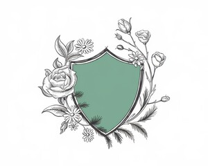 Floral Emblem Featuring a Green Shield and Delicate Flowers