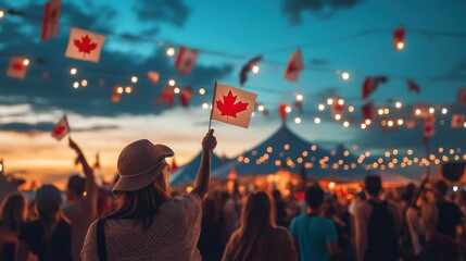 Obraz premium Celebrating Canada Day with flags, lights, and crowds at sunset outdoors