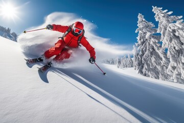 Skier on Downhill Slope During High-Speed Maneuver
