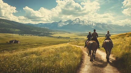 Naklejka premium Three people riding horses along a dirt path in a grassy field with a mountain range in the background