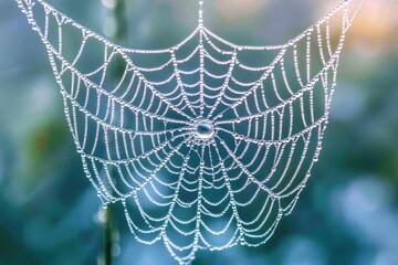 A spiderweb glistening with morning dew, a delicate natural artistry.