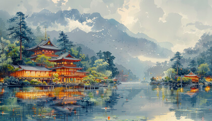 Obraz premium Watercolor of Japan, illustration. AI generative