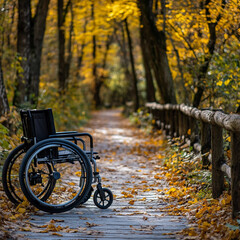 Wheelchair parked along a winding woodland path surrounded by vibrant autumn foliage