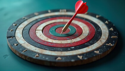 Vintage dartboard with red dart in bullseye. Successful business strategy concept. Targeting goal in marketing finance. Excellent visual for presentation product. Focuses on hitting target with