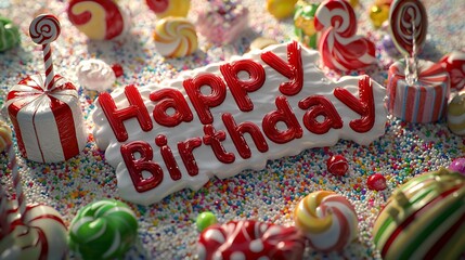 Obraz premium Happy Birthday message in red frosting surrounded by colorful candies and sprinkles.