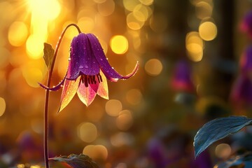 A single dew-kissed flower glows in the warm golden light of sunrise, a beautiful and serene moment in nature.