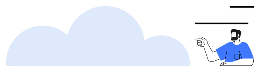 Man points towards a large blue cloud shape, representing cloud computing and data storage. Ideal for technology, IT services, data management, network solutions, digital transformation, remote work