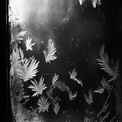 Frost patterns on a window create intricate designs during a cold winter morning