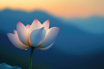 A single lotus flower with dew drops, bathed in the warm glow of sunrise, against a serene blue mountain backdrop.