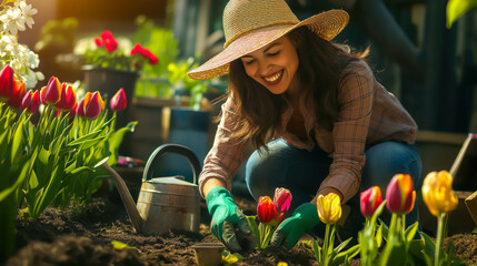 A smiling woman wearing a sunhat and gloves is planting vibrant tulips in a sunlit garden, radiating joy and passion for gardening and outdoor activities. Concept of gardening and spring renewal