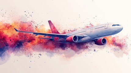 Colorful Watercolor Illustration of a Commercial Airplane Flying Through a Vibrant Background of Red and Orange Explosive Colors