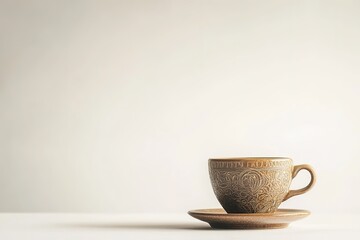 glossy studio shot of traditional balinese coffee cup with intricate patterns and matching saucer placed neatly on
