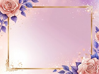 Elegant Floral Frame with Pink Roses and Purple Leaves on Gradient Background