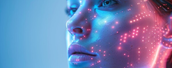 Futuristic woman face glowing particles representing ai data connection technology skin interface digital beauty innovative design abstract.