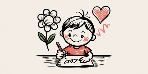Happy Child Drawing Flower and Heart With Pencil