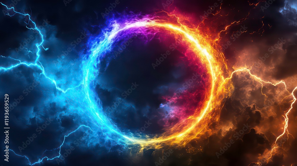 Canvas Prints a colorful circle with lightning bolts surrounding it on dark background