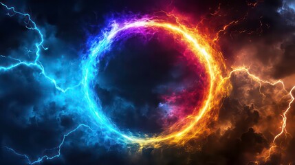 Obraz premium A colorful circle with lightning bolts surrounding it on dark background