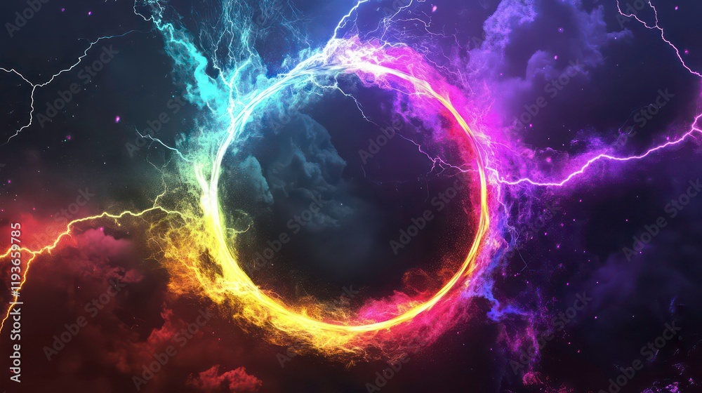 Canvas Prints a colorful circle with lightning bolts surrounding it on dark background