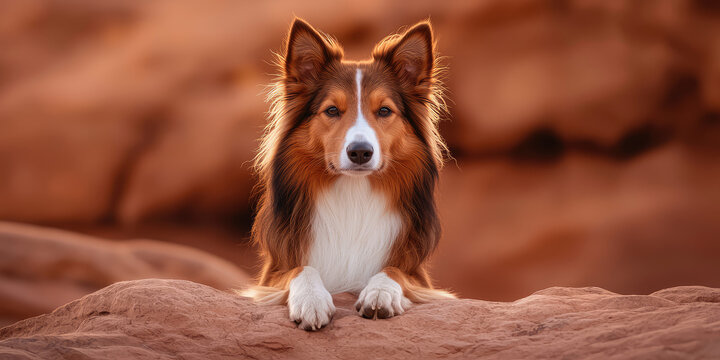 Cute dog of lassie breed on the background of natural picturesque landscape. Rough Collie, long-coated hair dog