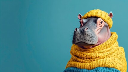 a colorful hippopotamus with winter clothes in solid blue banner background/poster/design/minimalist/modern