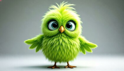 Fluffy green cartoon bird with exaggerated features and vibrant feathers