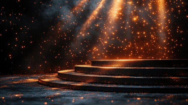 A captivating scene of illuminated steps surrounded by shimmering particles and dramatic lighting