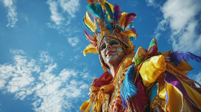 Colorful Carnival Attire on Blue Sky Background, a man with elaborate mask and headdress