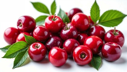 Fresh red cranberries with green leaves isolated on a white background