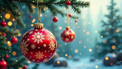 Naklejka premium Vibrant red bauble with gold swirls and hanging string in festive digital illustration