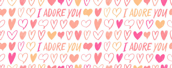 Red and pink hearts seamless banner background with phrase I adore you. Crayon drawn cute hearts, linear and silhouette elements. Retro romantic background print. Valentine's day seamless pattern.