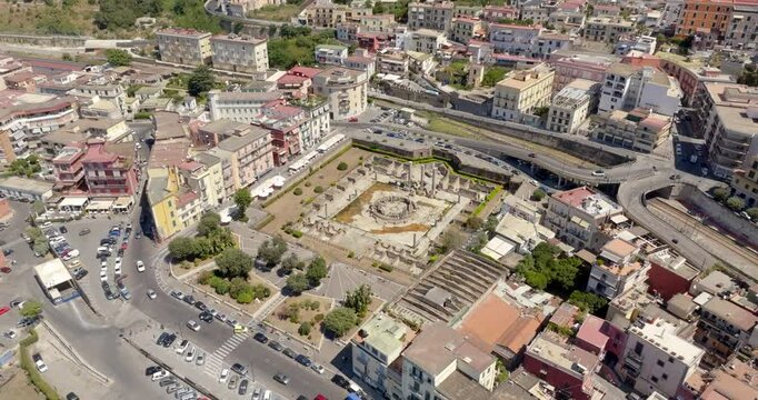 Aerial view the Macellum of Pozzuoli, near Naples, Italy. It was market building of the Roman colony of Puteoli. It was mistakenly known as the Temple of Serapis.