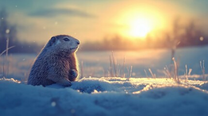 Obraz premium A stunning winter scene featuring a groundhog emerging from a snowy burrow at dawn. Perfect for seasonal and nature themes