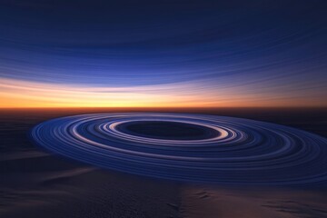 Fototapeta premium Abstract artwork depicting a swirling, circular form on a desert landscape under a twilight sky.