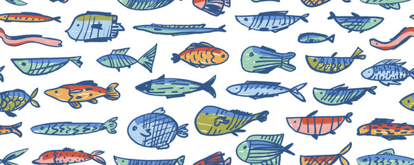 Naklejka premium Cute seamless pattern with various fishes. Crayon drawn colorful school of fish. Marine kids background.