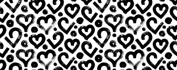Modern abstract romantic background with bold brush drawn hearts and dots. Seamless pattern for Valentine's day.