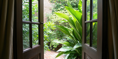 View of back yard from inside house, open french style doors leading to a courtyard garden with plants. Gardening 