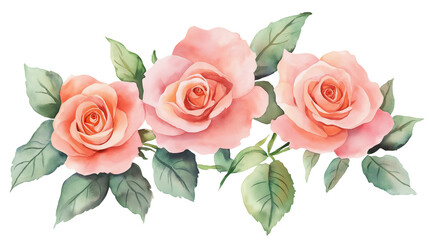 Watercolor png clipart Group of Pink Roses with Green Leaves isolated on a white background