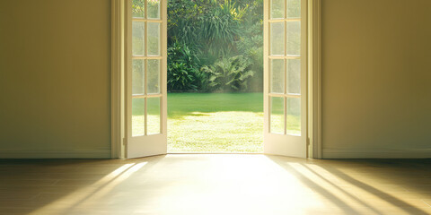 View of back yard from inside house, open french style doors leading to a courtyard garden with plants. Gardening 