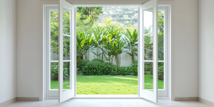 View of back yard from inside house, open french style doors leading to a courtyard garden with plants. Gardening 