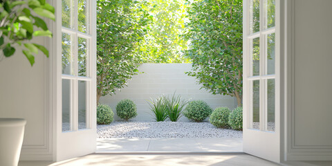 View of back yard from inside house, open french style doors leading to a courtyard garden with plants. Gardening 