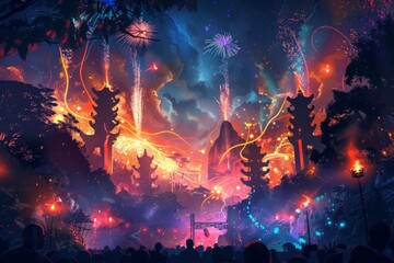 Naklejka premium Vibrant night festival with fireworks and lanterns in exotic landscape
