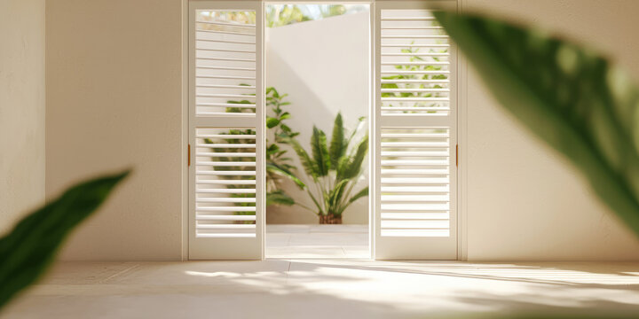 View of back yard from inside house, open french style doors leading to a courtyard garden with plants. Gardening 