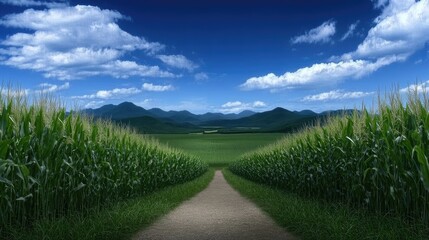 Fototapeta premium Healthy green corn plants grow abundantly in an organic field in South Africa, basking in natural sunlight on a clear day