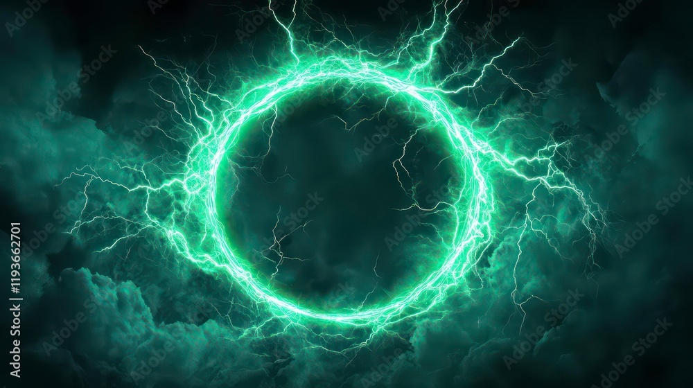 Wall mural a green circle with lightning bolts surrounding it on dark background