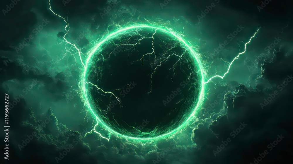 Canvas Prints a green circle with lightning bolts surrounding it on dark background